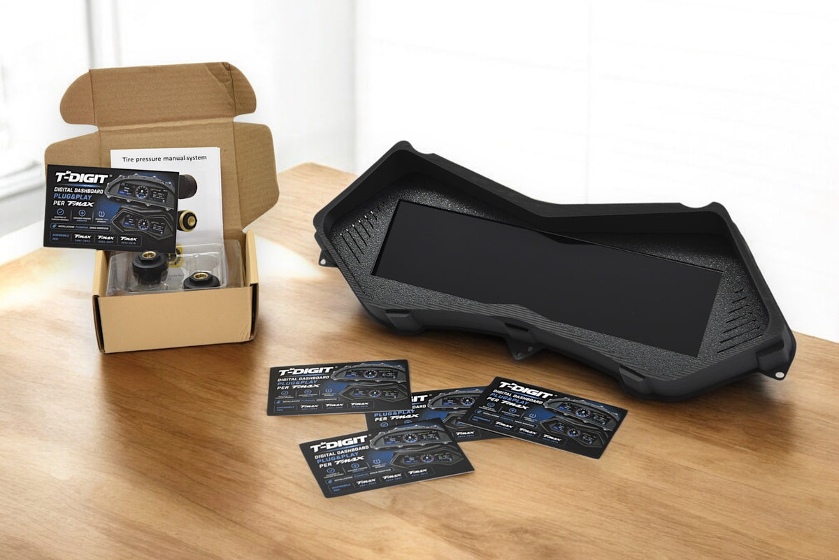 Kit completo T-DIGIT 530 con dashboard digitale, sensori TPMS, manuale e accessori per Yamaha TMAX 530 2012-2016