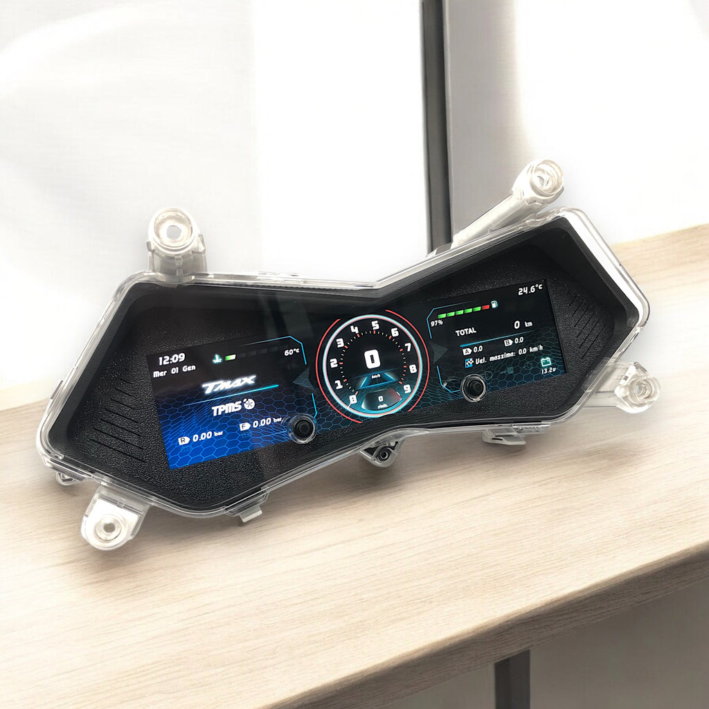 Dashboard digitale T-DIGIT 530 installata nella strumentazione originale Yamaha TMAX 530 con design OEM e display a colori