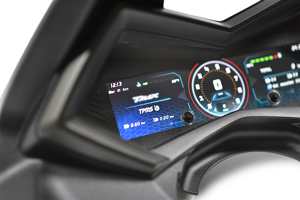 Dettaglio del display T-DIGIT 530 con monitoraggio pressione pneumatici TPMS integrato per Yamaha TMAX